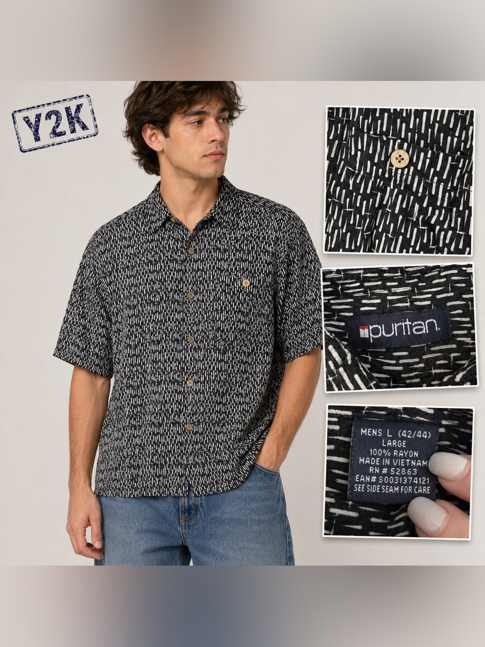 Y2K Puritan Men’s L Black White Abstract Rayon Button-Up Shirt
